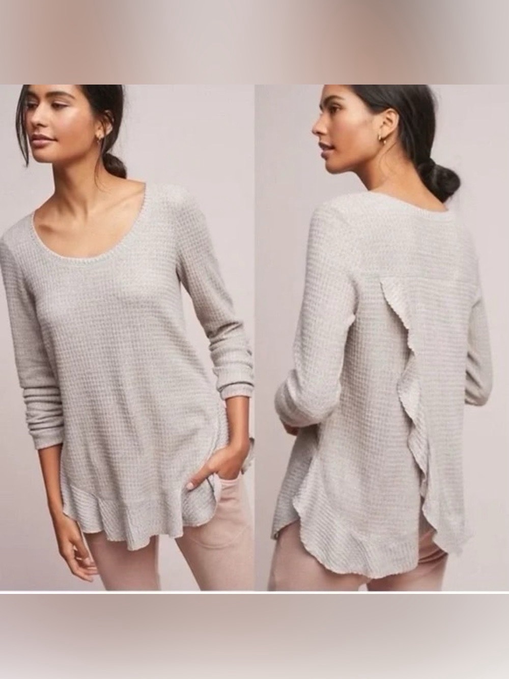 Anthropologie Saturday Sunday Small Beige Gray Ruffle Wendy Wrap Waffle Knit Top
